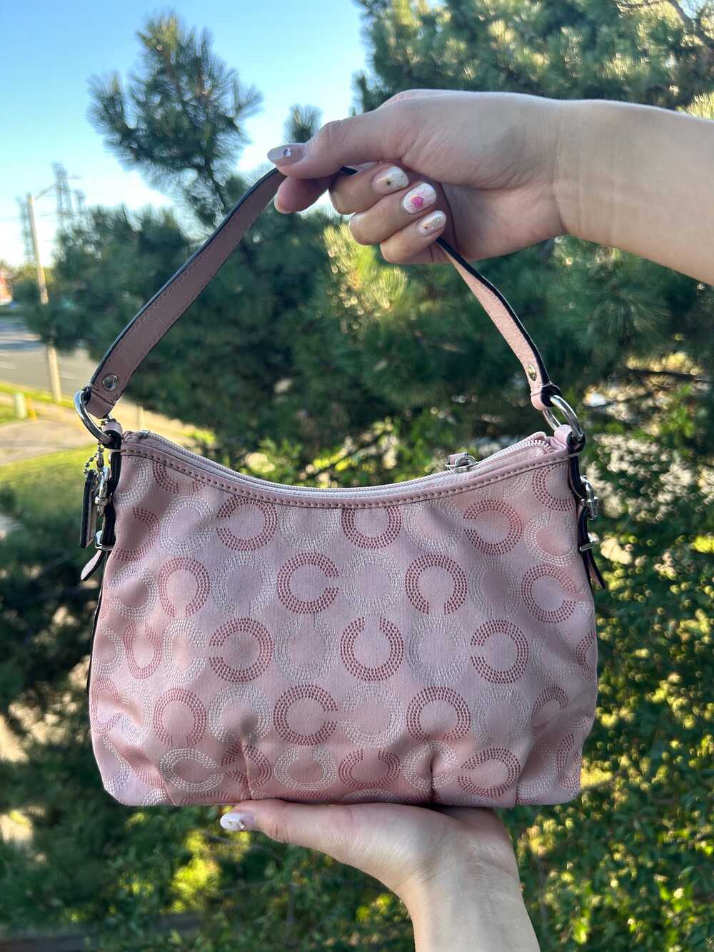 Coach shoulder bag / pink monogram pattern / leather & fabric